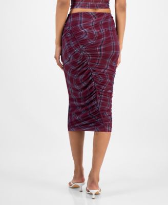 Women's Plaid Mesh Ruched Bodycon Midi Skirt, Macy's Exclusive