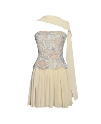 Women's Quanisha Yellow Beaded Floral Mini Chiffon Dress with Scarf