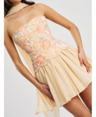 Women's Quanisha Yellow Beaded Floral Mini Chiffon Dress with Scarf