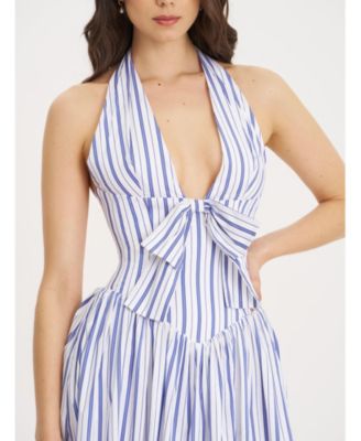 Women's Mackenna Navy Stripe Halter Smock Back Maxi Dress