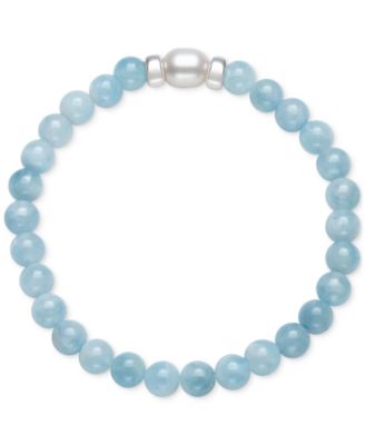 Macy's - Milky Aqua & Cultured Freshwater Pearl Stretch Bracelet in Sterling Silver