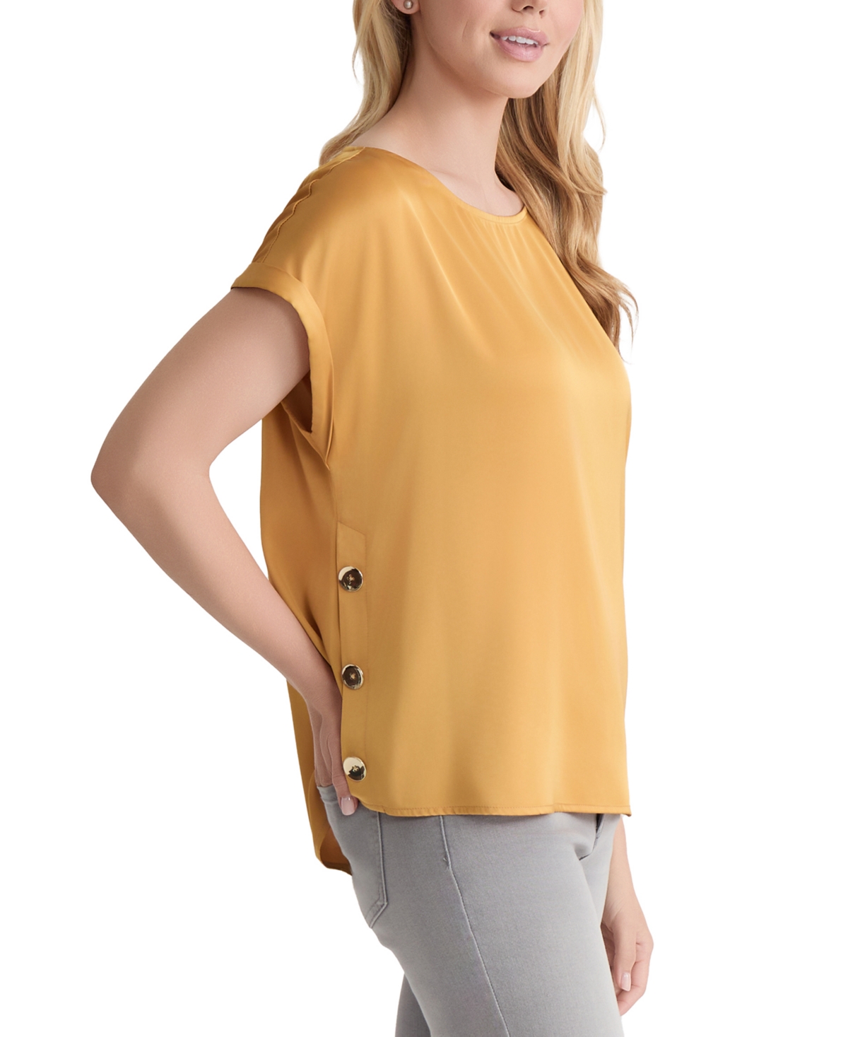Jones New York Petite Hammered Satin Button-trim Blouse In Neutral