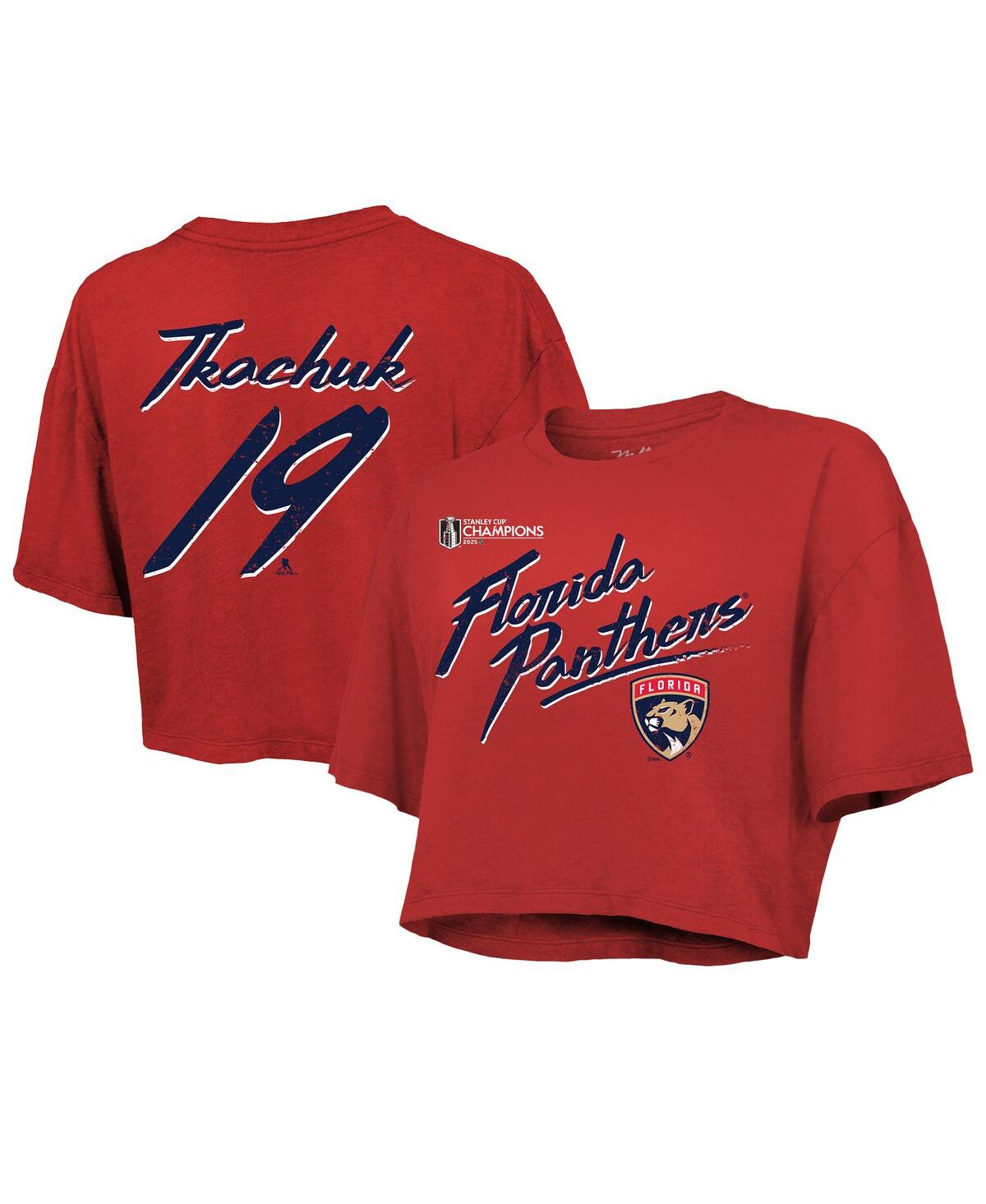 Women's Matthew Tkachuk Red Florida Panthers 2025 Stanley Cup Champions Name Number Boxy Cropped T-Shirt - Red