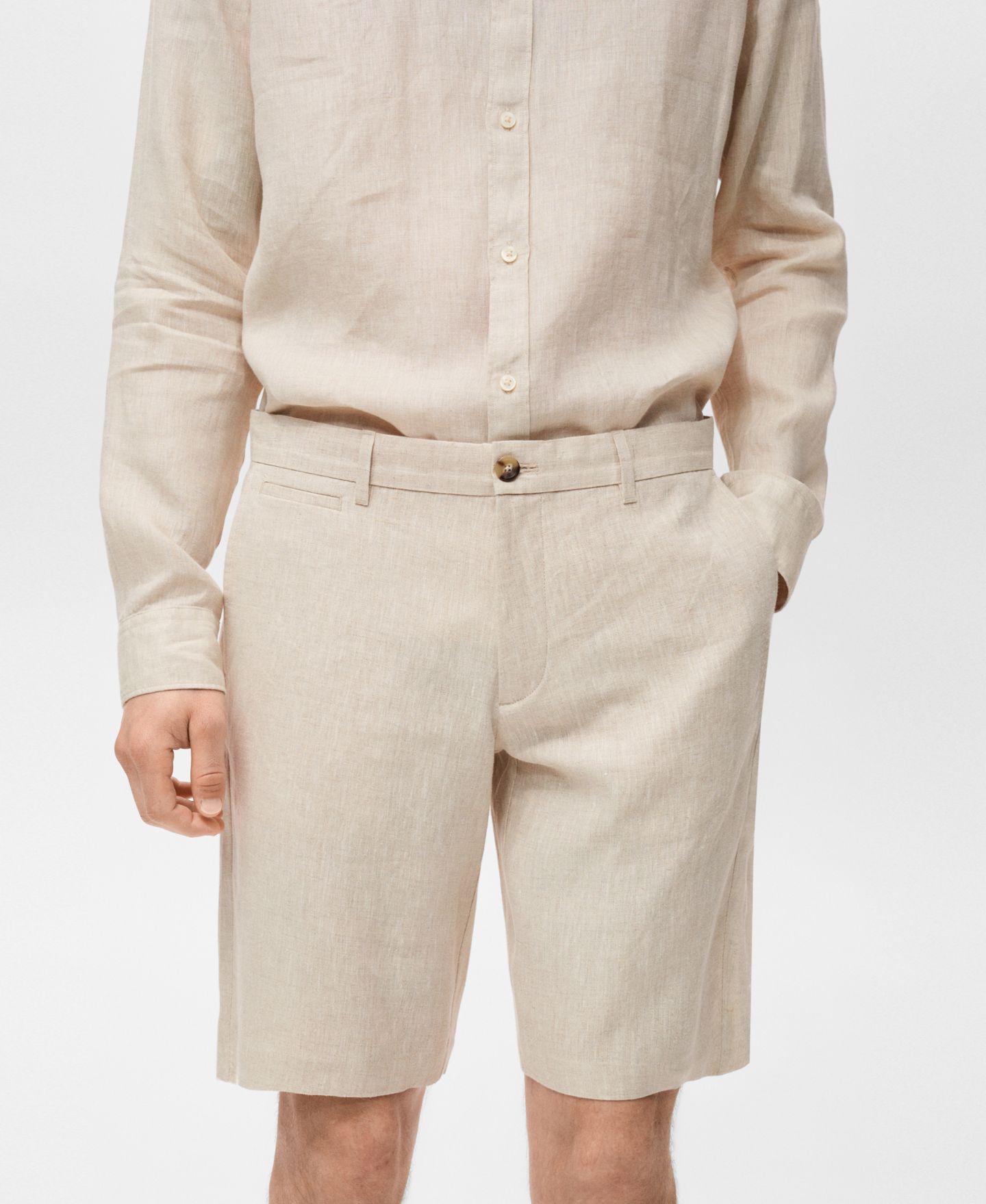 Мужские шорты MANGO Slim-Fit Linen Bermuda, цвет: Экрю — фото 4