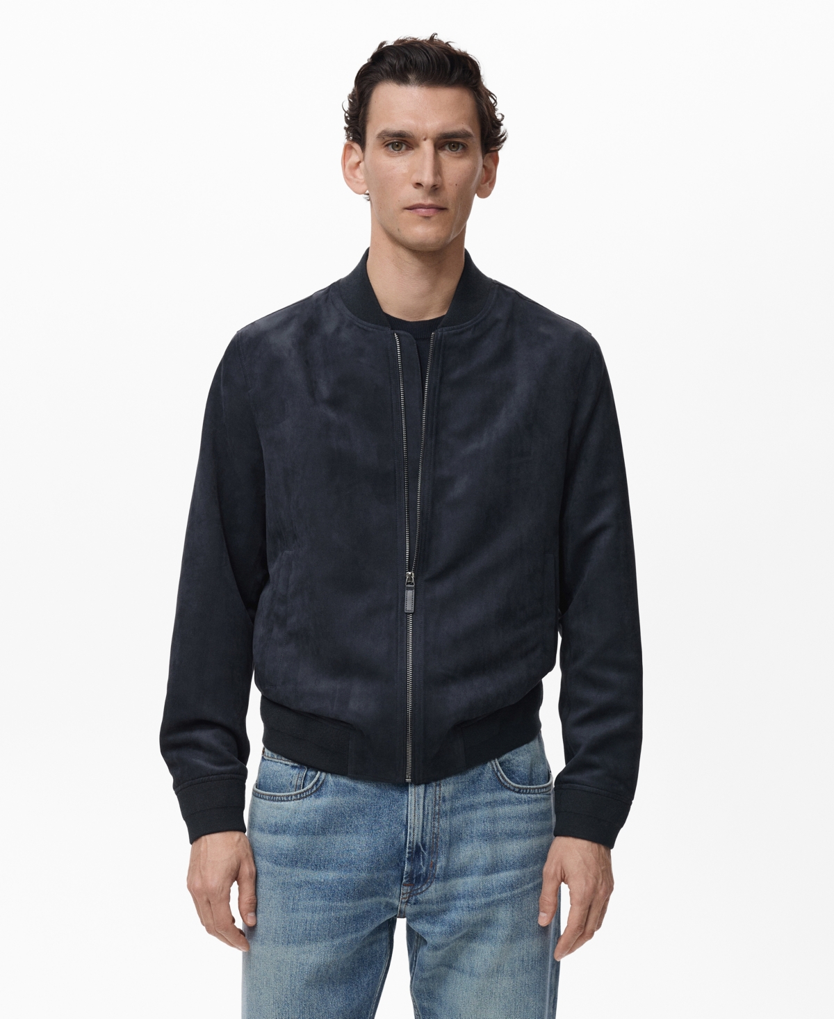 Mango Faux Suede Bomber Jacket In Black
