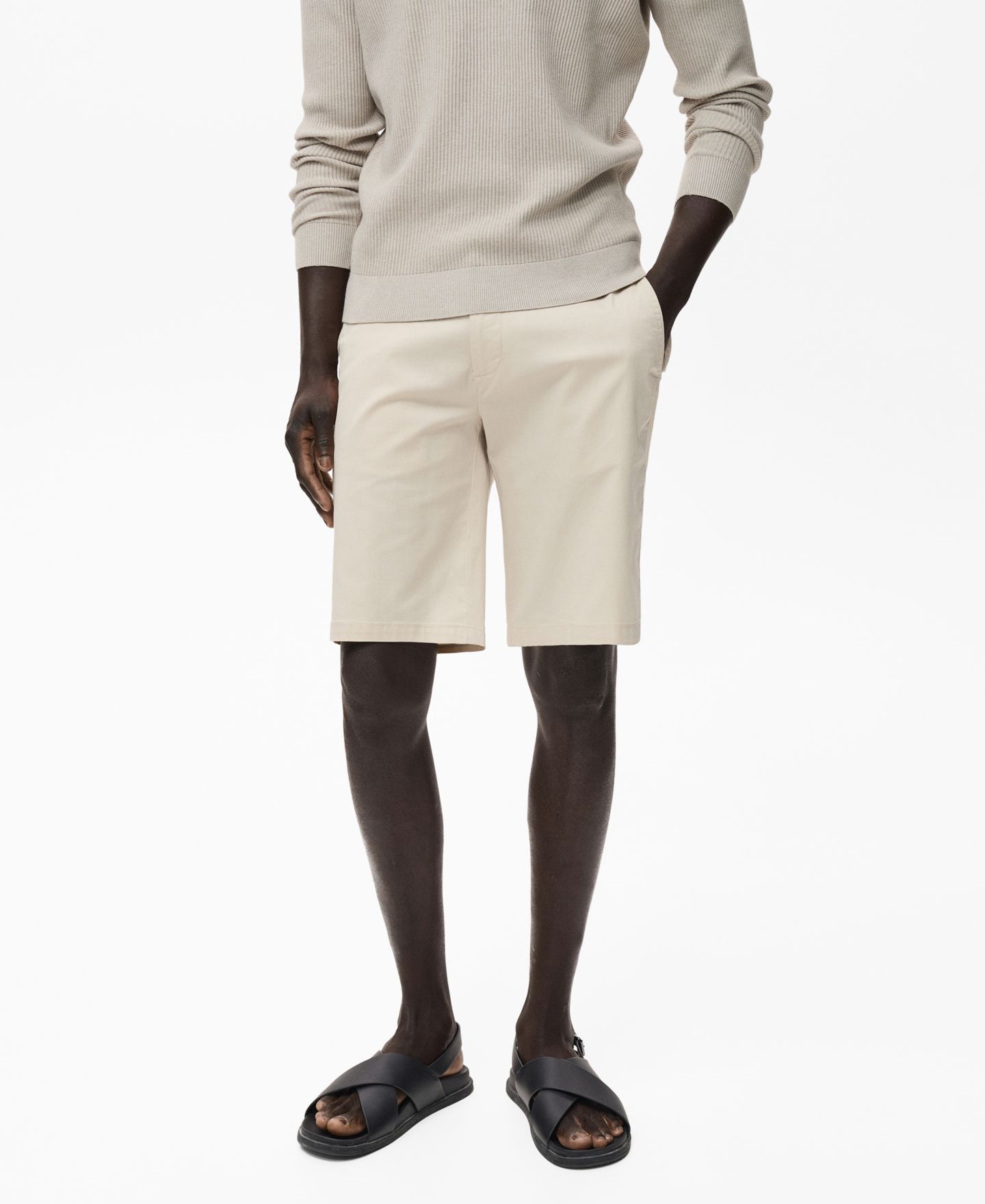 Мужские шорты Mango Straight Cotton 10" Bermuda, цвет: Бежевый — фото 1
