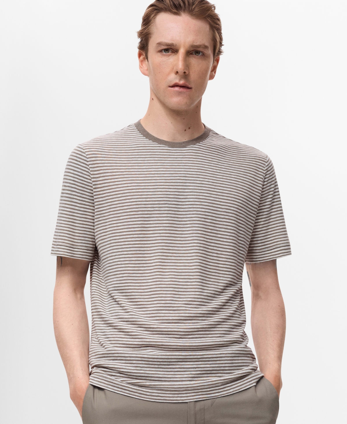 Men's Striped Slim-Fit Linen T-Shirt - Off White