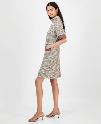 Women's Faux-Leather-Trim Tweed Shift Dress