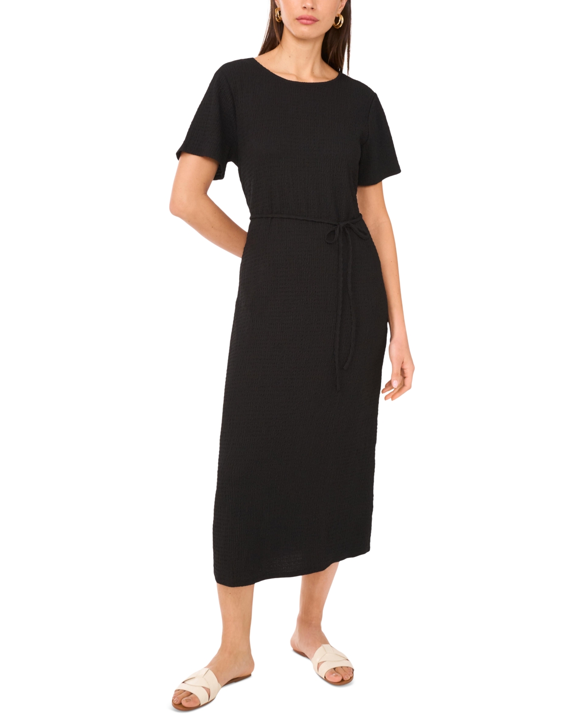 Women's Short-Sleeve Tie-Waist Midi Dress - Rich Black