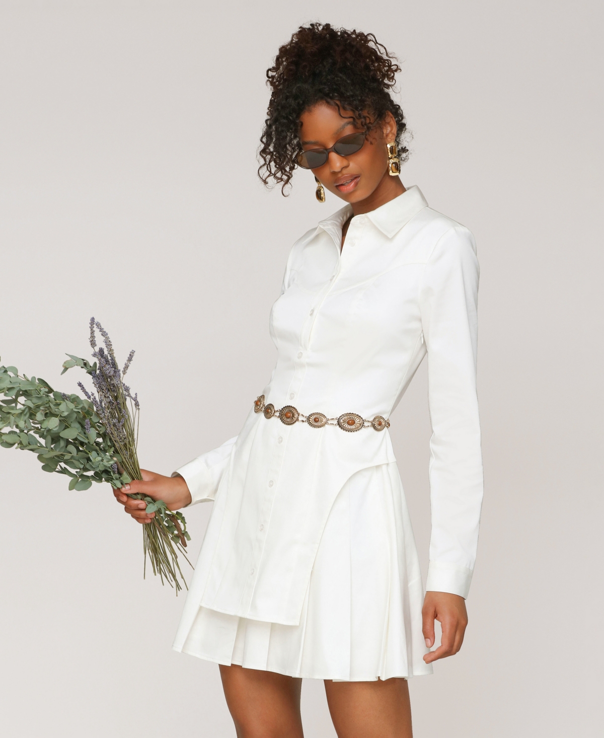 Avec Les Filles Women's Collared Long-sleeve Short Shirtdress In White
