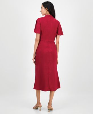 Women's High-Neck Flounce-Sleeve Midi Dress