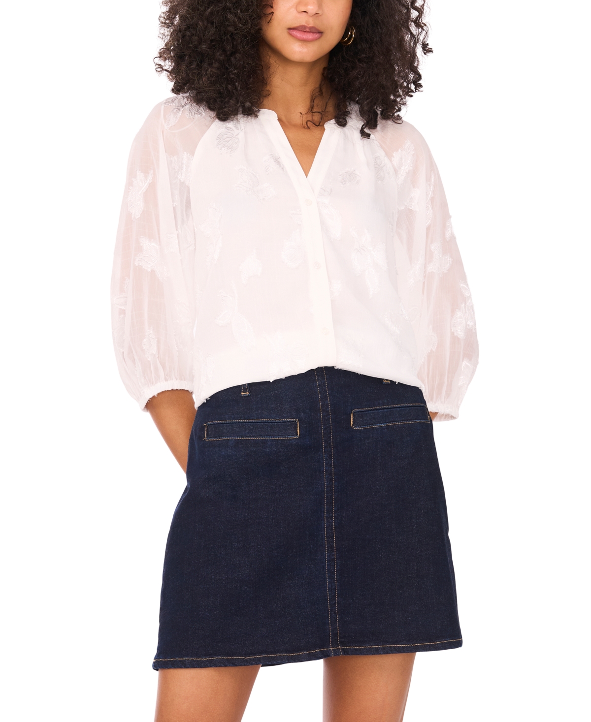 Vince Camuto Women's Embroidered Raglan-sleeve Blouse In White