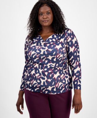 Tahari ASL - Plus Size Abstract-Print Long-Sleeve Top