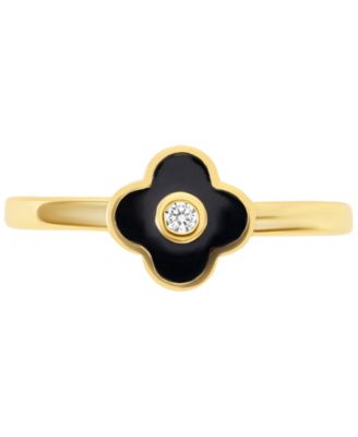 Cubic Zirconia & Black Clay Clover Ring in 14k Gold-Plated Sterling Silver