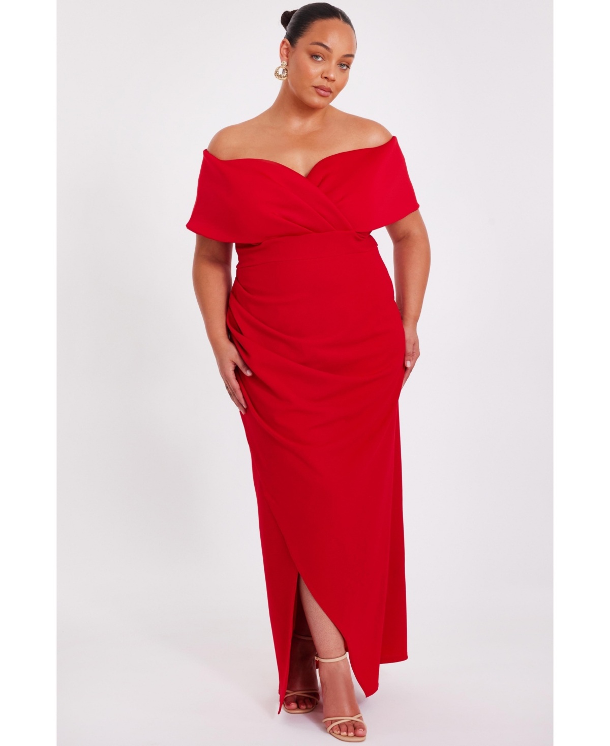 Women's Plus Size Scuba Crepe Bardot Wrap Maxi Dress - Red