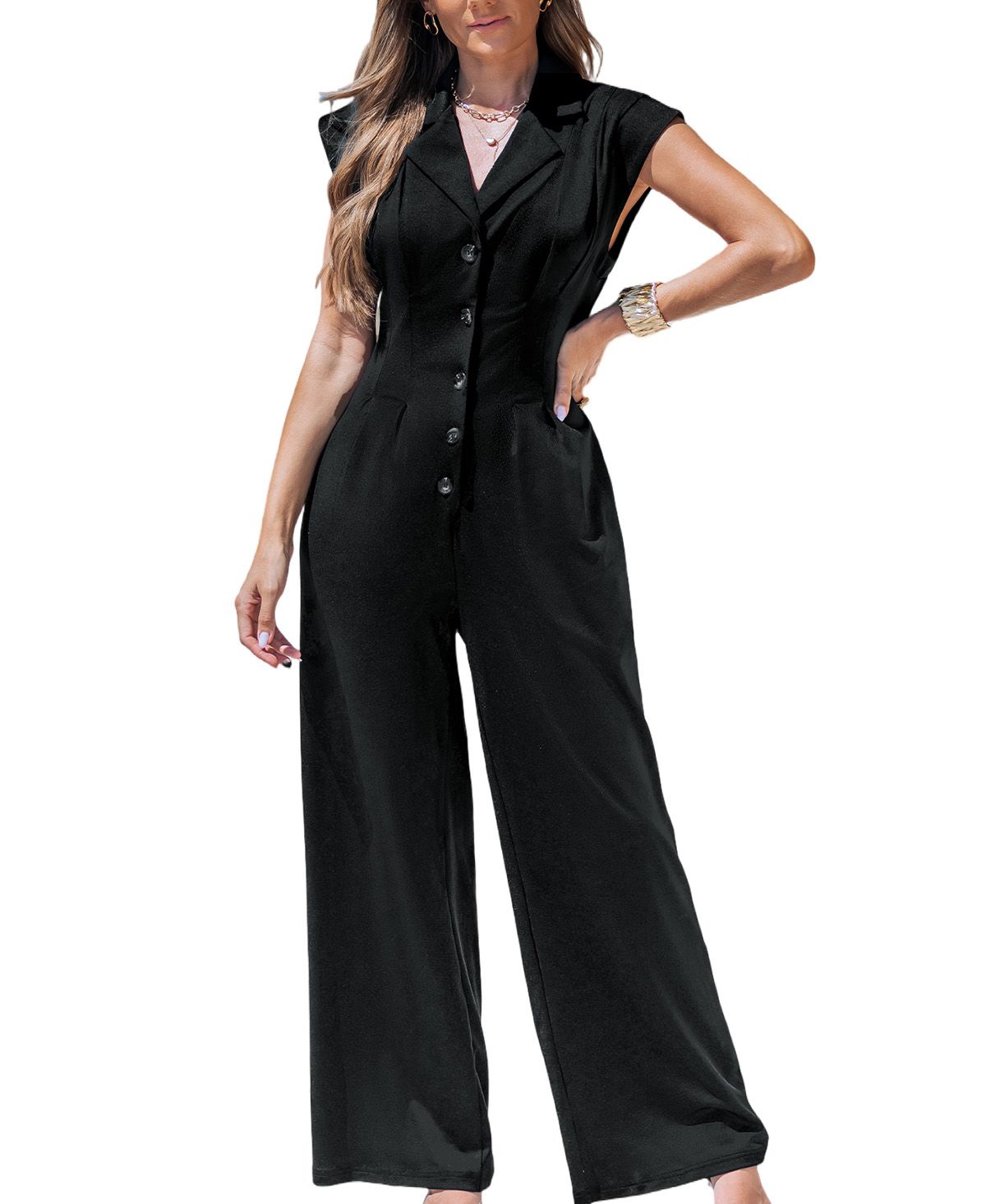 Women's Button-Front Wide-Leg Jumpsuit - Black