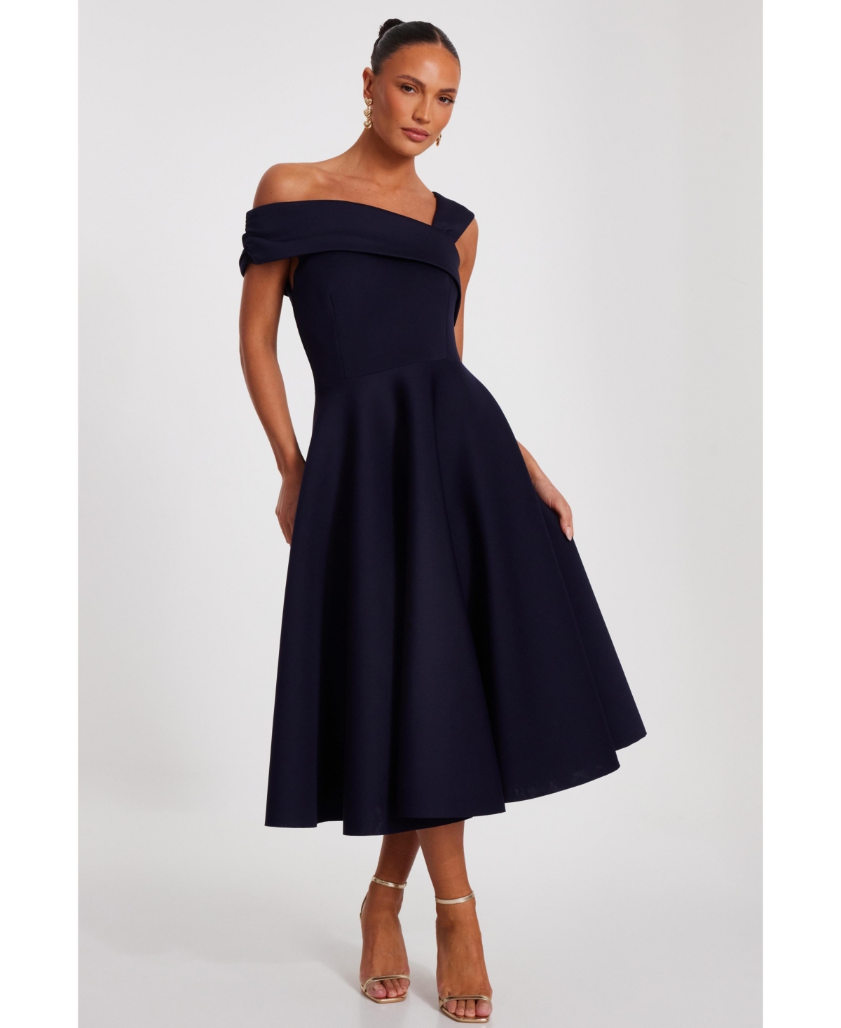 Women's Scuba Asymmetric Midi Skater Dress - Navy