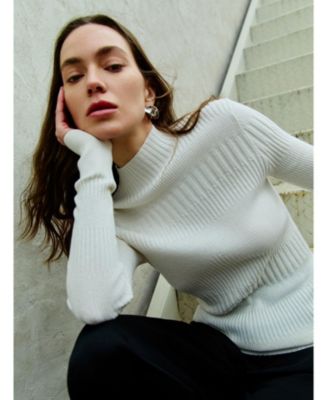 Women's High-neck Ribbed Cotton Silk Cashmere Blend Sweater