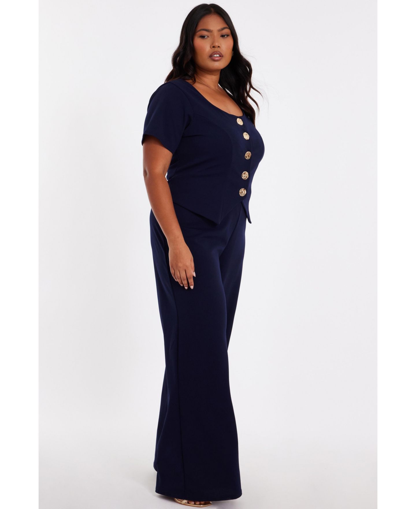 Женский комбинезон QUIZ Plus Size Palazzo Button Front Jumpsuit, цвет: Тёмно-синий — фото 4