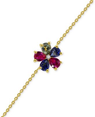 Multi Gemstone with Diamond Accent Flower Statement Bracelet in 14K Gold-Plated Sterling Silver