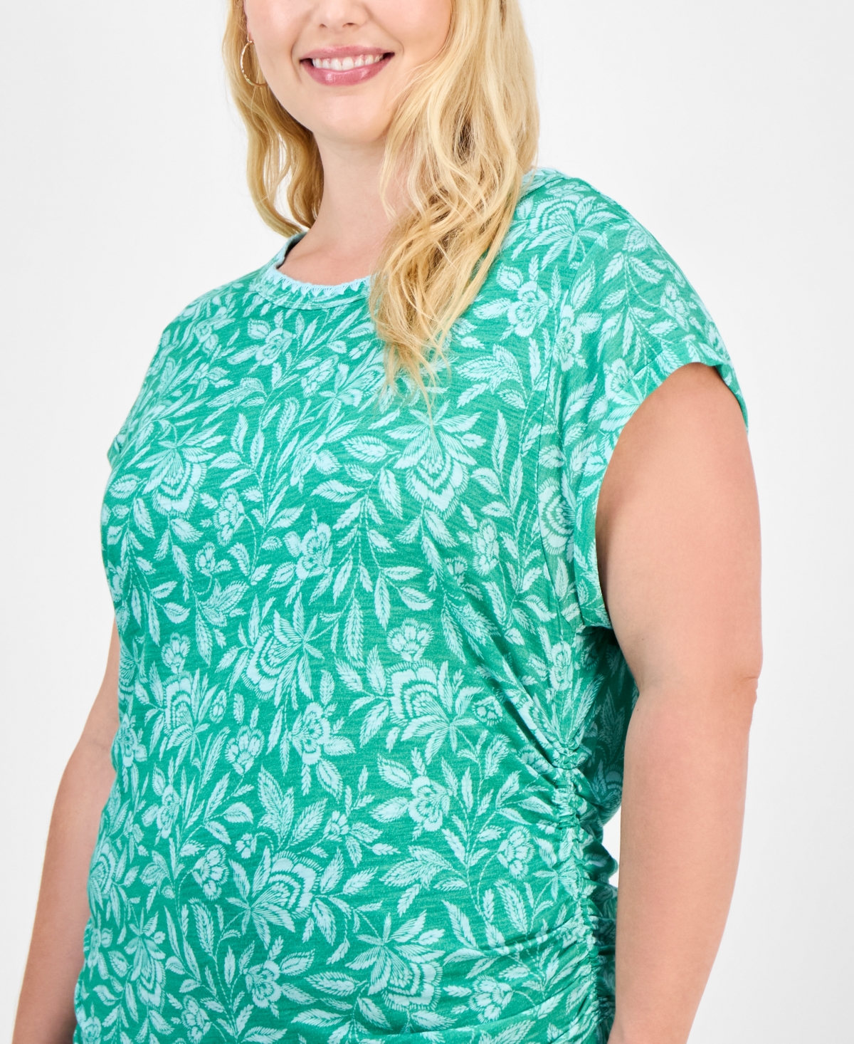 Democracy Trendy Plus Printed Side-shirred Cap-sleeve Top In Green