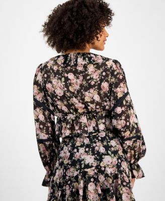 Petite Ruffle Long Sleeve Tie Front Top