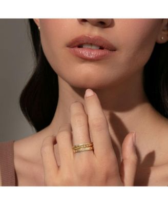 14k Gold-Plated Brass Cubic Zirconia Triad Ring, Set of 3