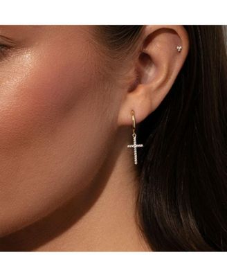 14K Gold-Plated Pave Cross Huggie Earrings, 0.5"
