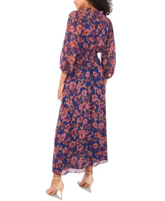 Women's Printed Tie-Neck Puff-Sleeve Maxi Dress