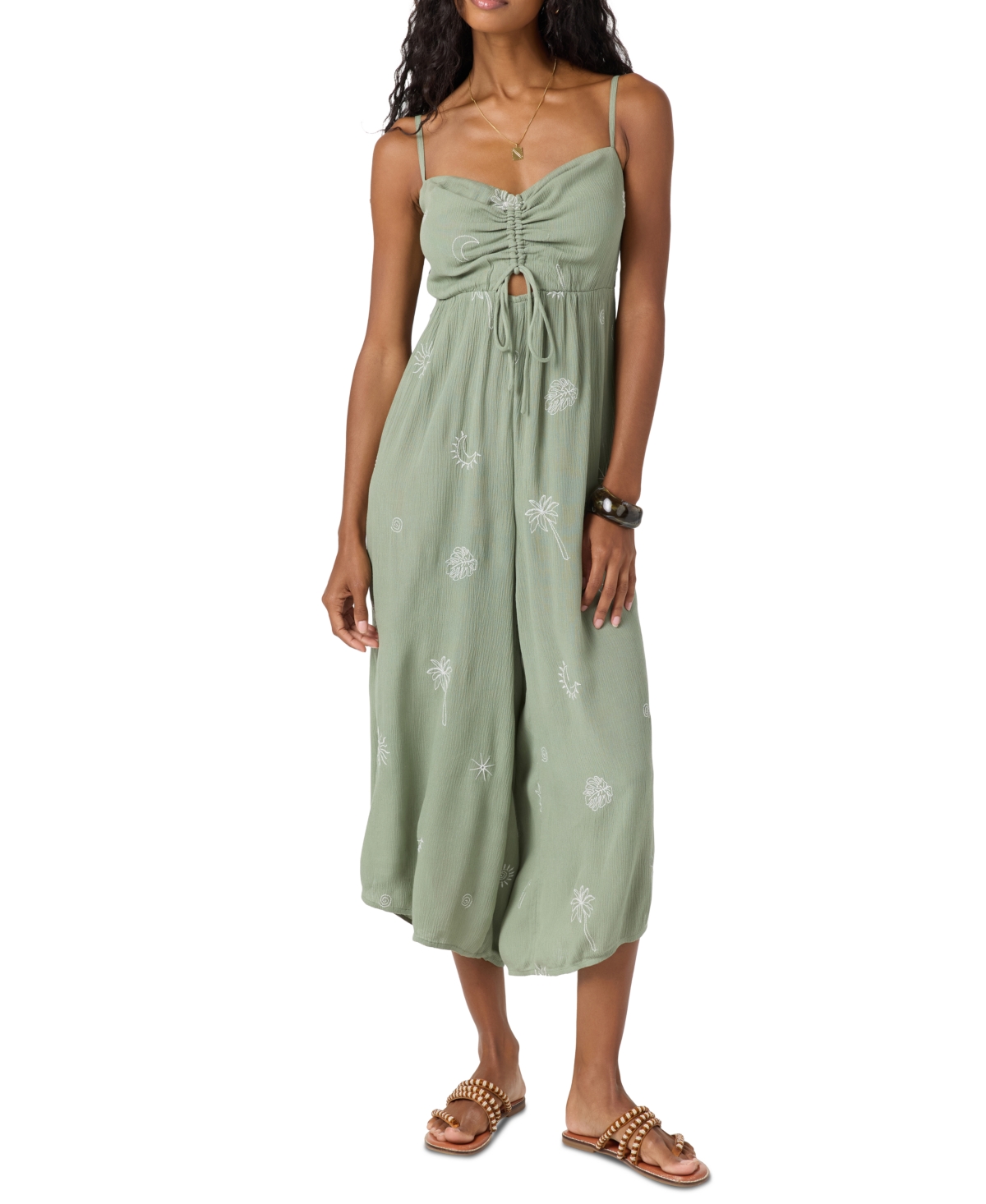 Juniors' Keiko Embroidered Side-Slit Jumpsuit - Sea Spray