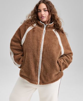 And Now This - Trendy Plus Size Crochet-Trim Sherpa Jacket