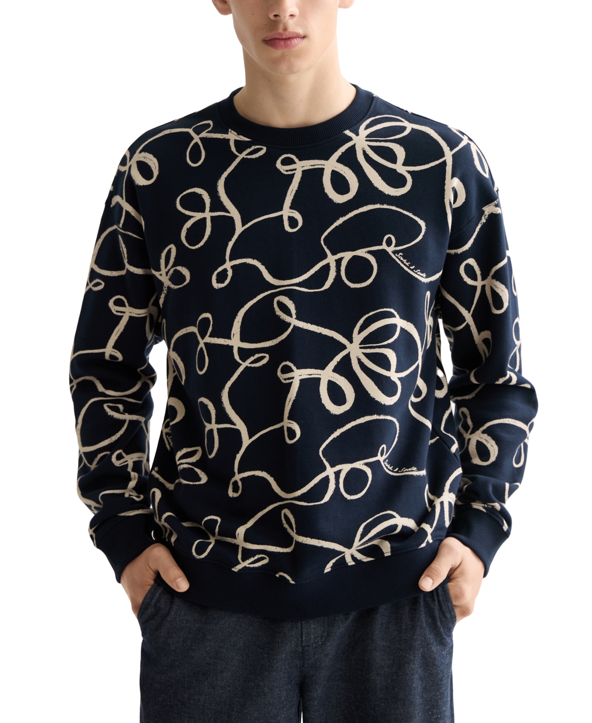 Scotch & Soda Men's Relaxed Fit Long Sleeve Ribbon Print Sweatshirt In Blue