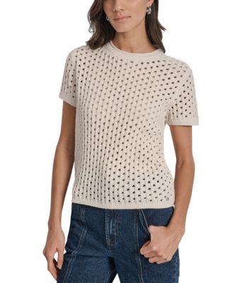 DKNY Jeans - Petite Open-Stitch Crewneck Sweater
