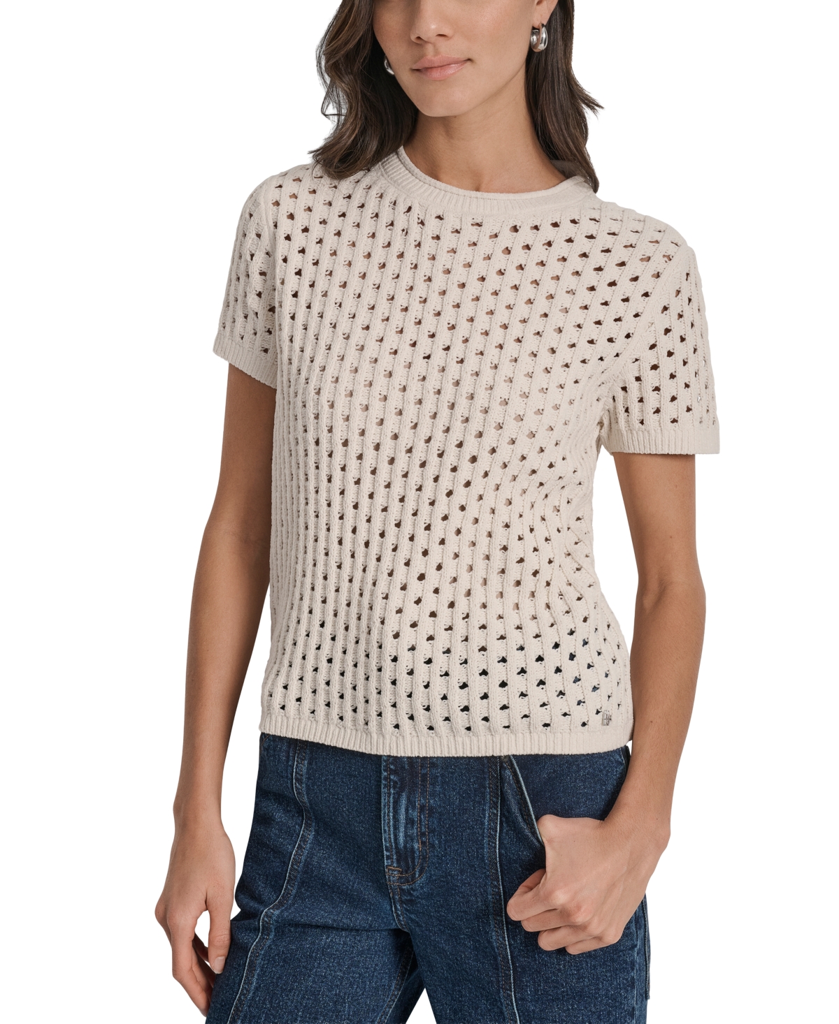 Dkny Jeans Petite Open-stitch Crewneck Sweater In Neutral