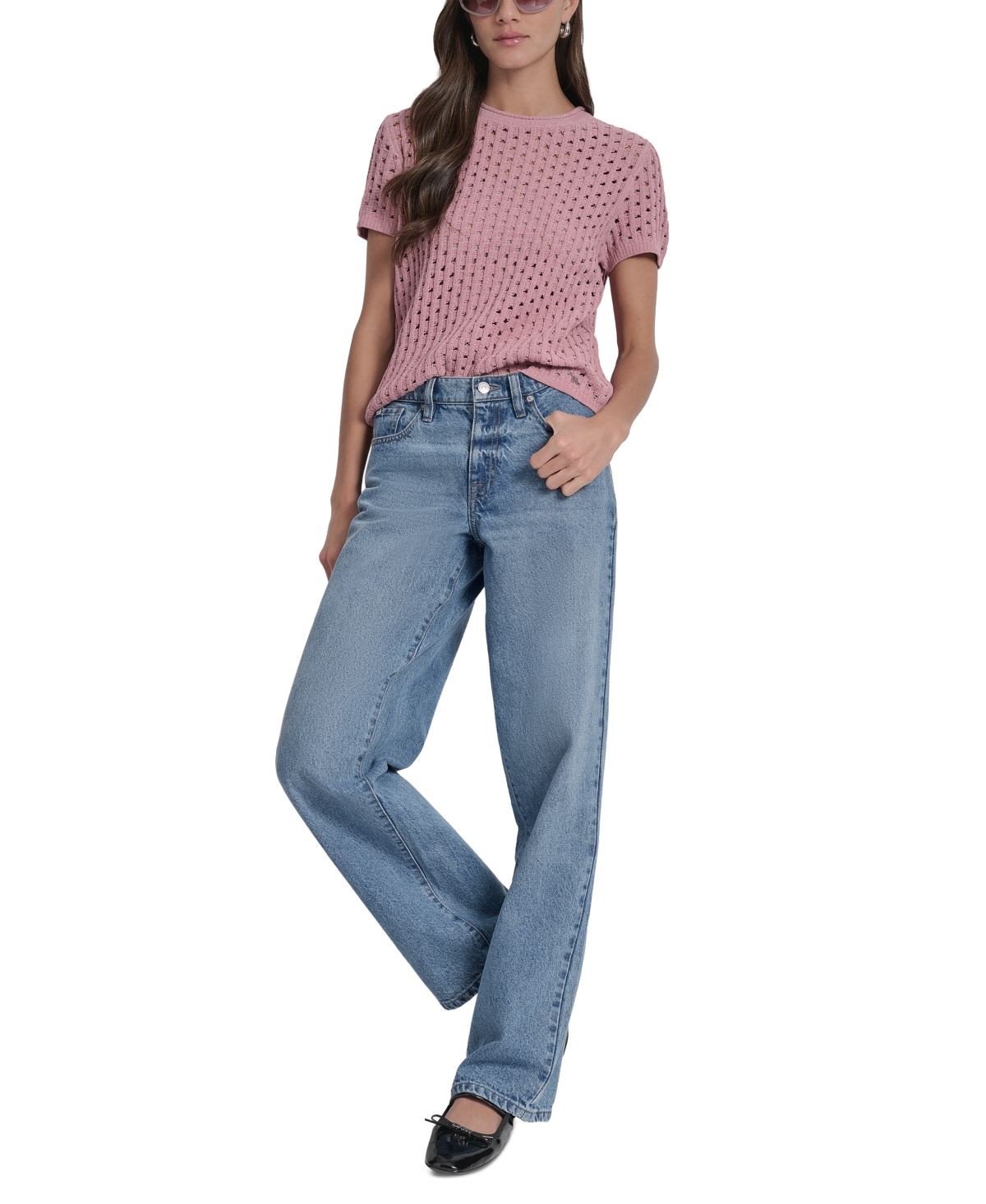 Dkny Jeans Petite Open-stitch Crewneck Sweater In Blue
