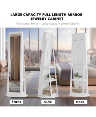 Rotatable full-length jewelry mirror cabinet with compartments and built-in LED lights.