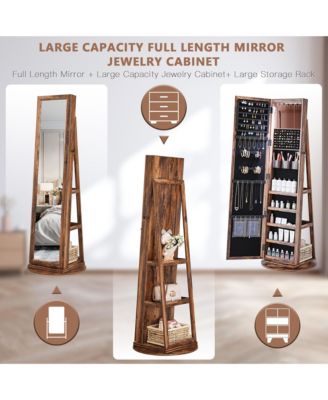 Rotatable full-length jewelry mirror cabinet with compartments and built-in LED lights.
