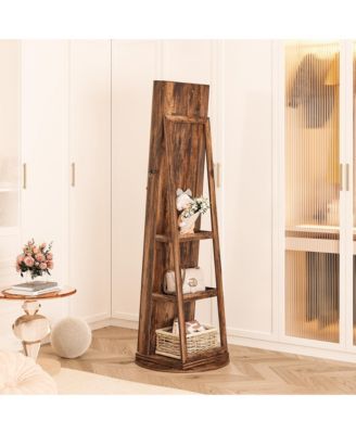 Rotatable full-length jewelry mirror cabinet with compartments and built-in LED lights.