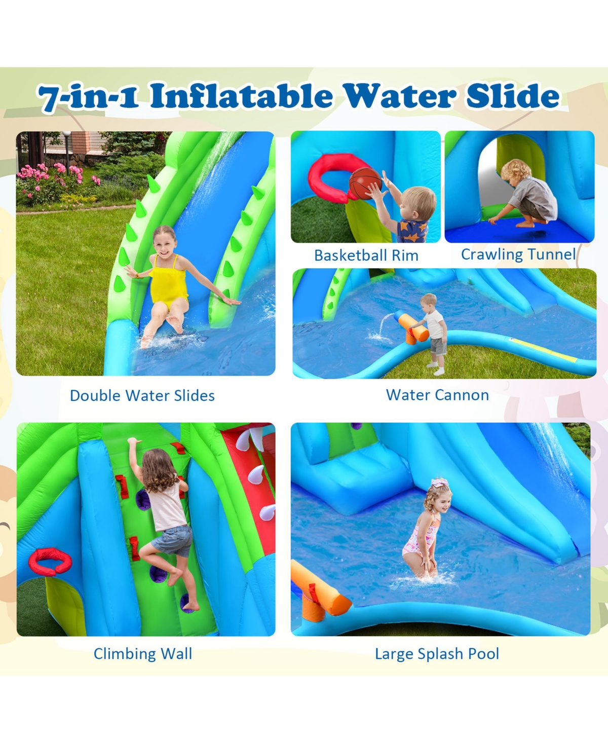 Gymax Crocodile Inflatable Water Slide Park Kids Bounce House with Dual Slides With 780W Blower