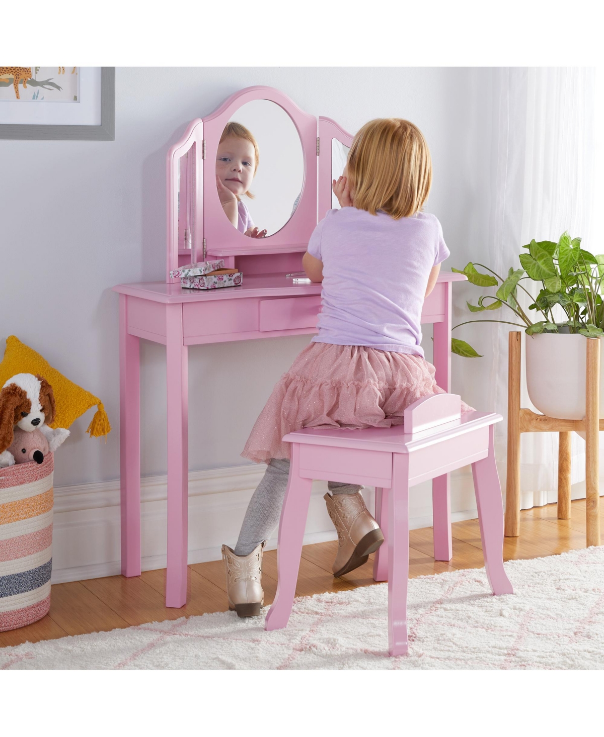 Guidecraft Kids' Vanity and Stool Set - Pink: Children's Princess Pretend Play, Dress Up Desk and Makeup Mirror with Storage Drawer