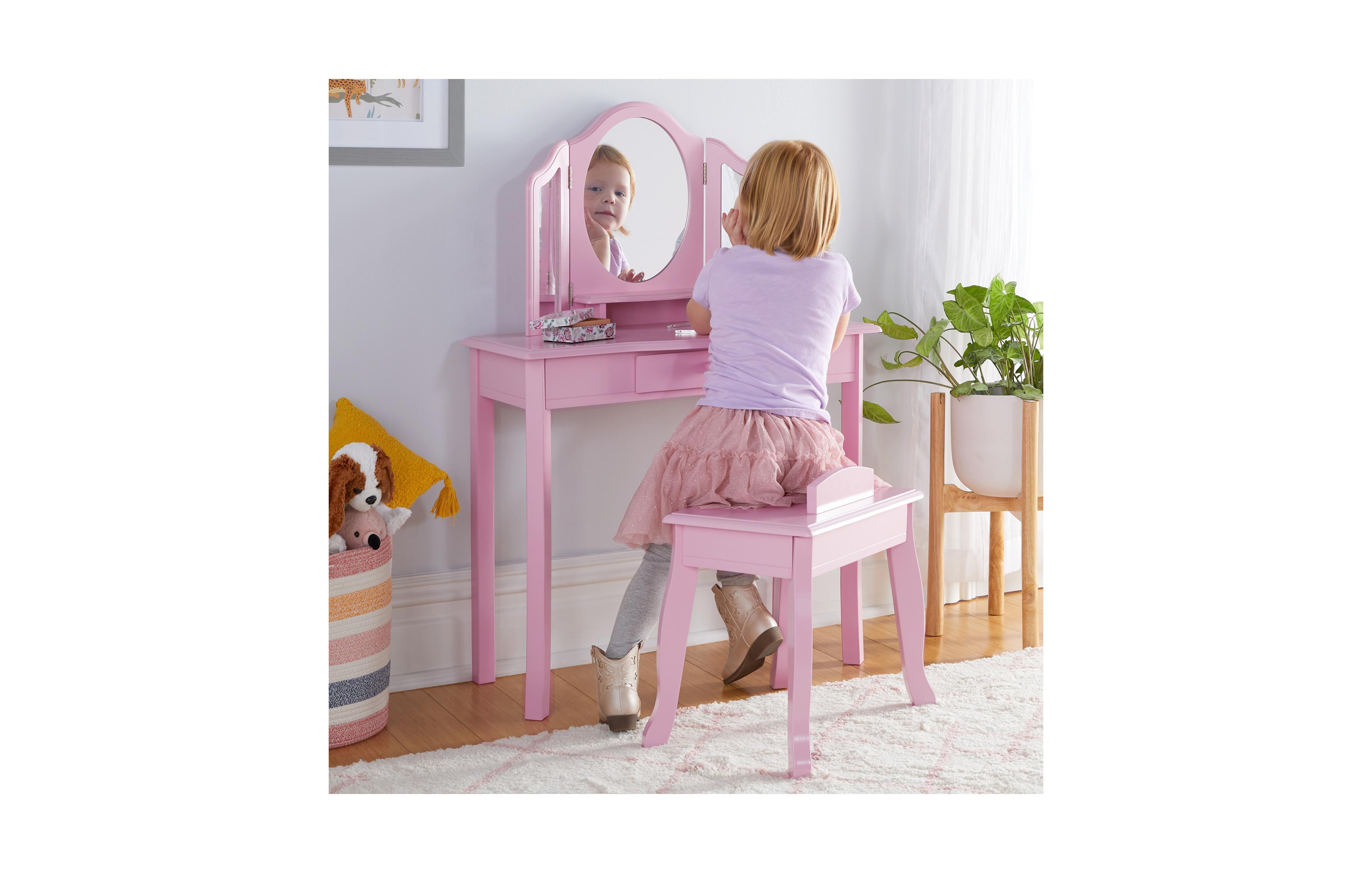 Guidecraft Kids' Vanity and Stool Set - White: Little Girls Pretend Play Princess Desk Chair, Makeup Mirror with Storage Drawer