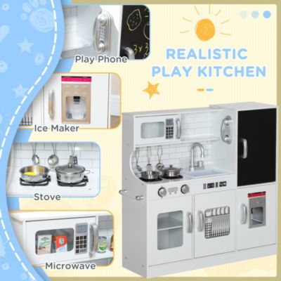 Kids Kitchen Playset Pretend Play Toy Kitchen with Play Phone, Chalkboard, Towel Rack, Ice Maker, 5 Accessories, Storage Space