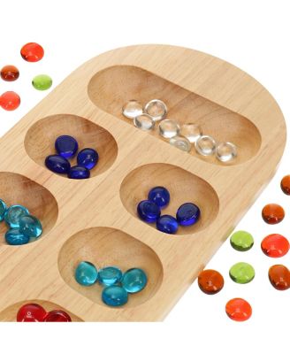 Mancala Board Game - 22 in., Solid Natural Wood Board and Glass Stones