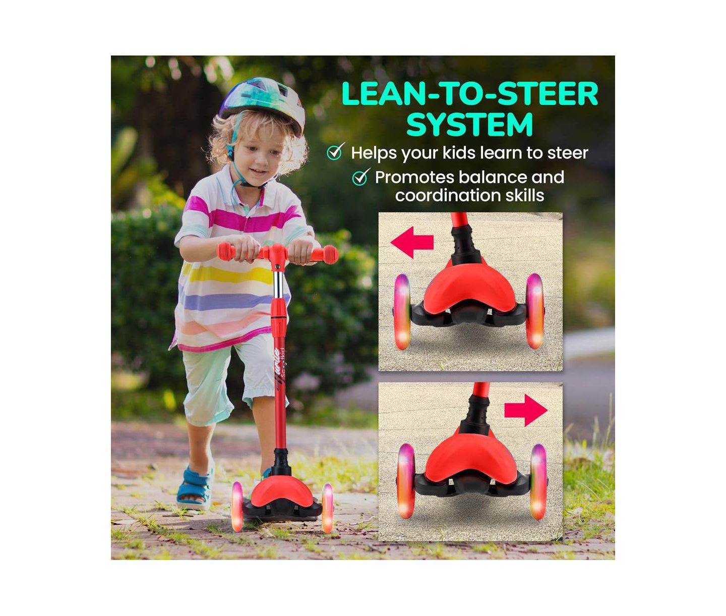 Детская игрушка Hurtle Mini Kickboard Scooter with LED Light Wheels, Ages 2+, цвет: Красный — фото 2