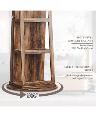 Rotatable full-length jewelry mirror cabinet with compartments and built-in LED lights.