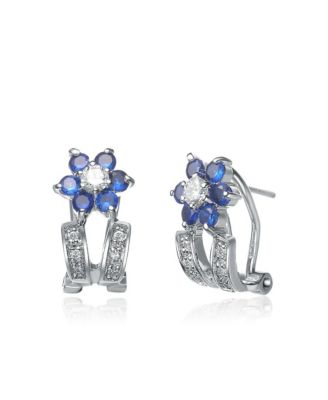 Cubic Zirconia Sterling Silver Rhodium Plated Sapphire Flower Earrings