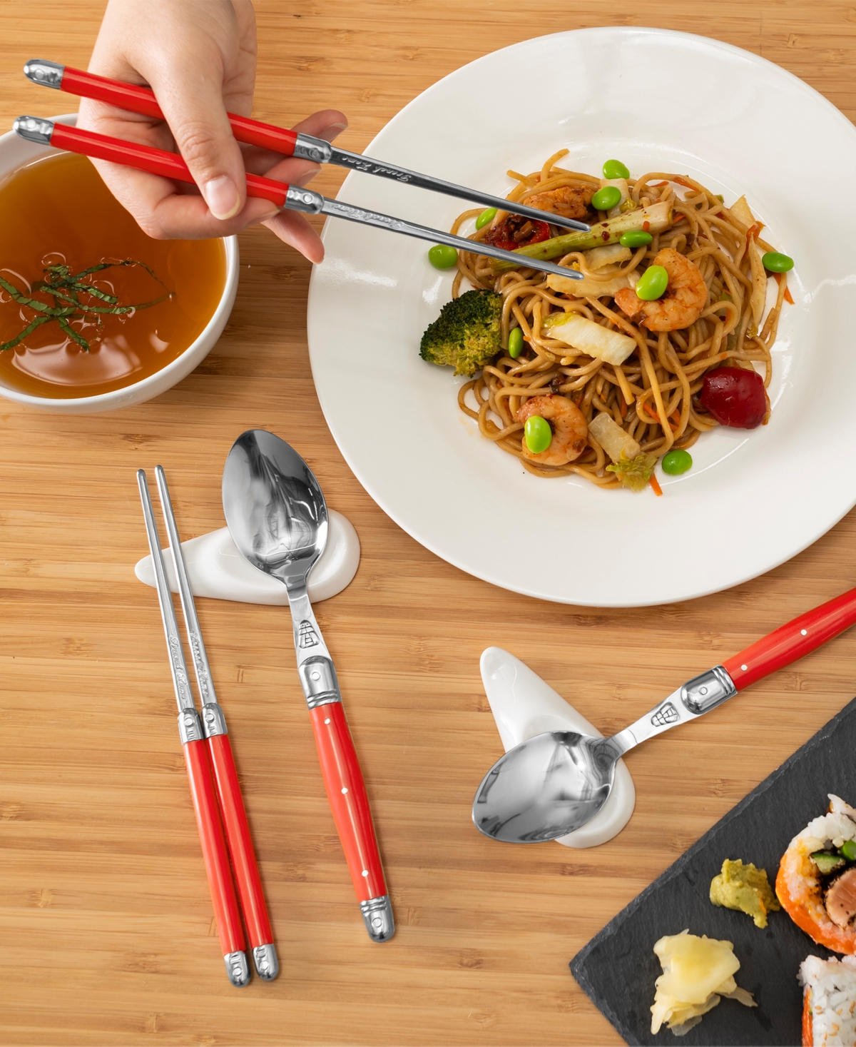 French Home Chopsticks, Laguiole Spoons And Ceramic Rests, Set Of 4 Pairs In Red