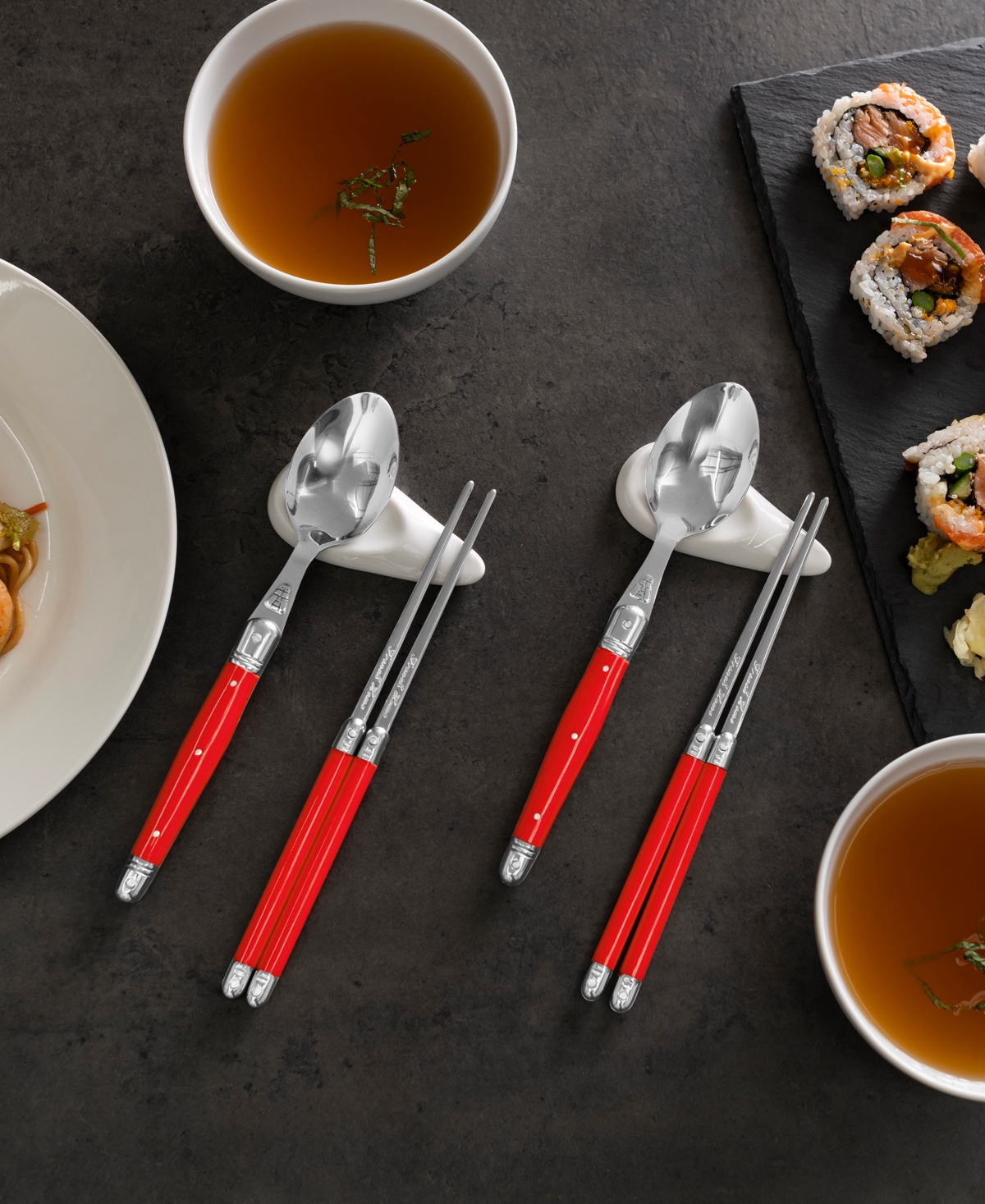 French Home Chopsticks, Laguiole Spoons And Ceramic Rests, Set Of 4 Pairs In Red