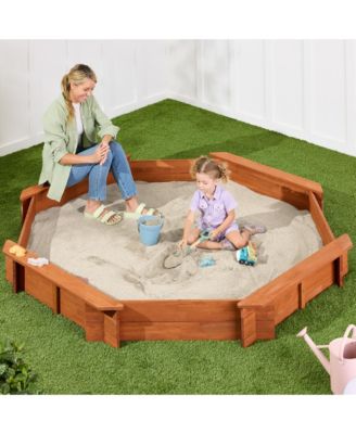 Kid's Octagonal Wooden Outdoor Sandbox w/ Benches, 8 Seats, Cover, XL Sandpit, Liner