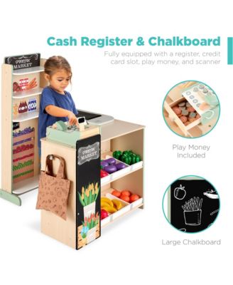 Kids Pretend Play Grocery Store Wooden Supermarket Set w/ Chalkboard, Cash Register